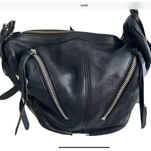VINCE CAMUTO BLACK PEBBLED LEATHER, ASYMETRICAL STRAPPED MESSENGER, HOBO BAG